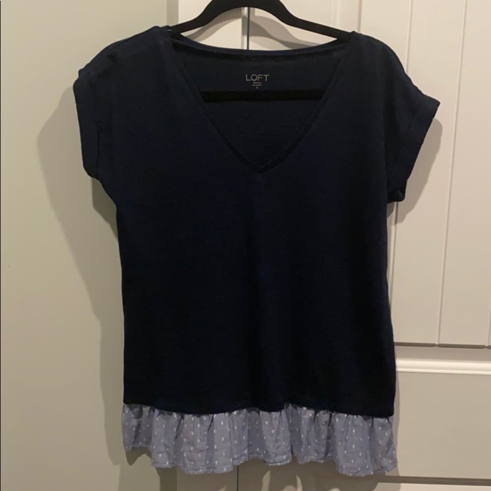 Loft navy blue sweater shirt with ruffle detail